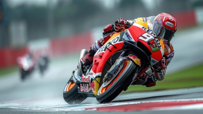 MotoGP rider leaning his motorcycle into a turn during a race